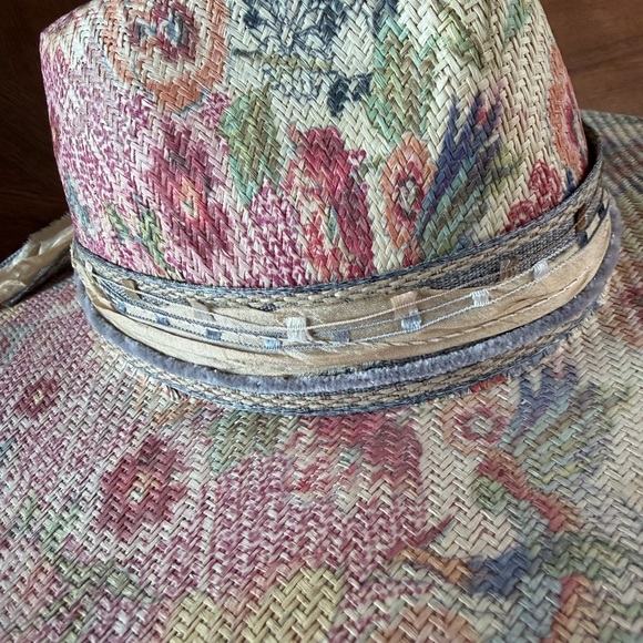 Johnny Was Floral Wide-Brim Straw Fedora Hat - Pink, Blue, Yellow - Picture 4 of 7